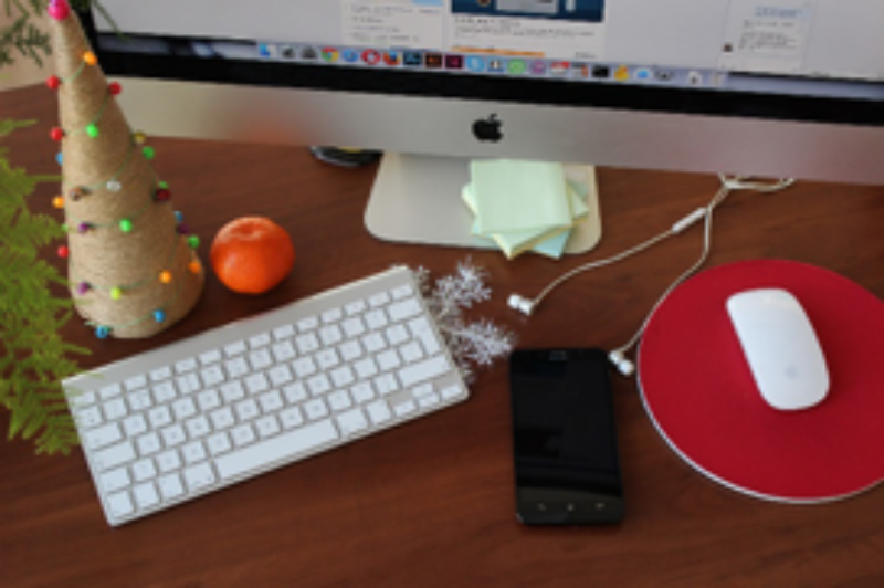 Close up of office desk with holiday decorations